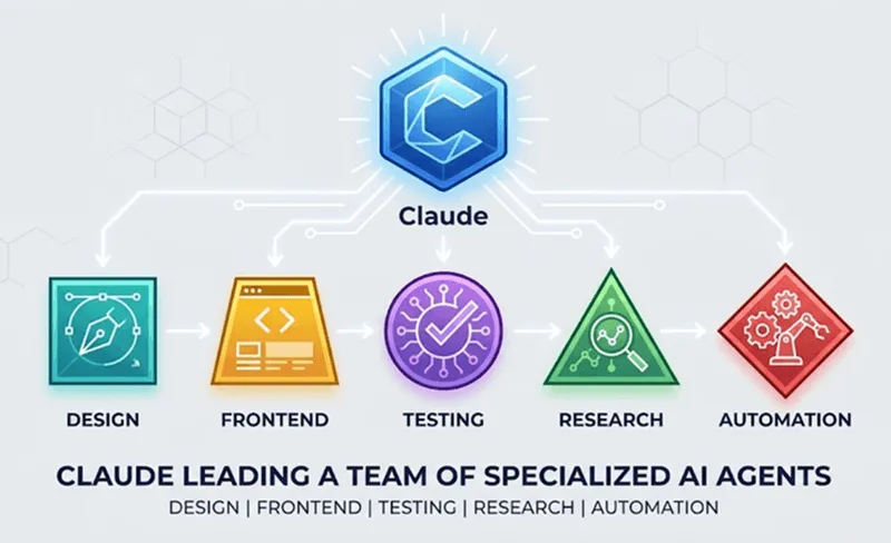 Claude operating a futuristic command center while specialized AI agents handle design, coding, testing, research, and web automation tasks